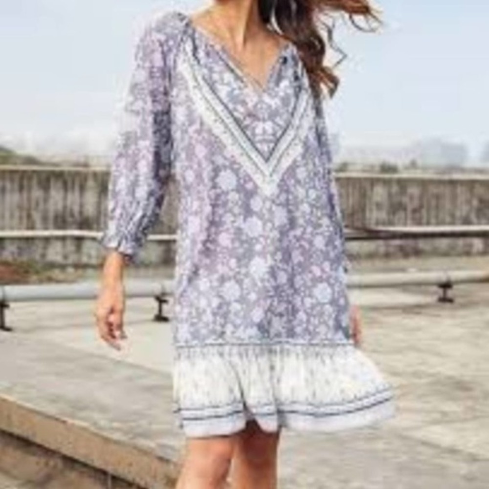 NEW WITH TAGS Luukse Gray Blue Floral Tie-Neck Tunic Dress - Picture 3 of 5